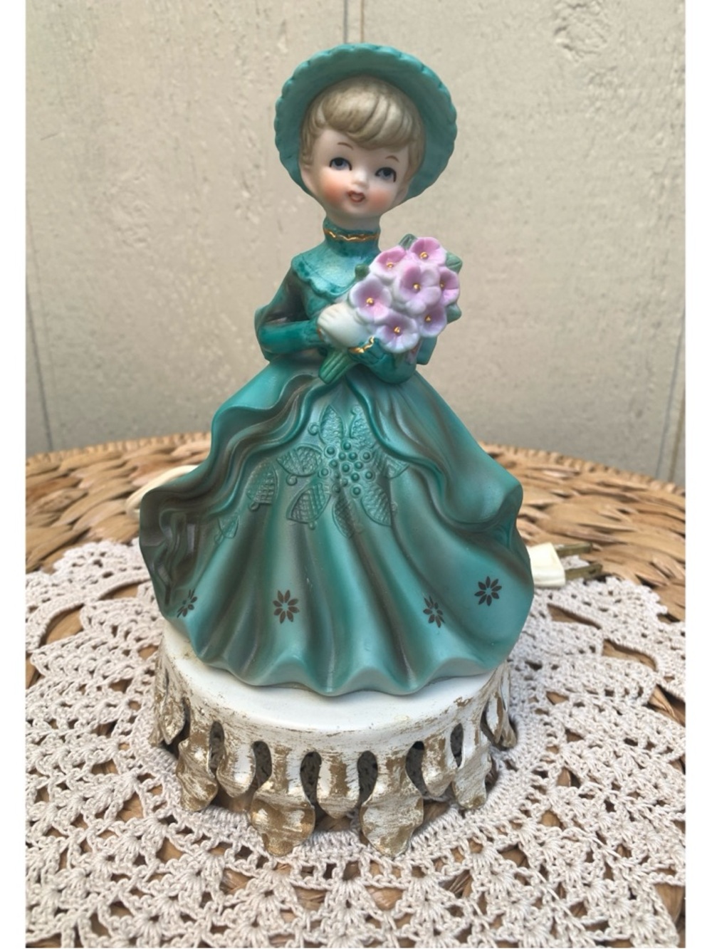 Vintage Underwriters' Lab Portable Lamp Night Light Ceramic Teal Victorian Girl